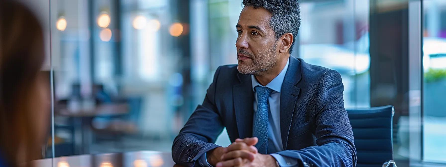 a sleek office environment showcases a focused professional in a tailored suit, confidently discussing strategies with a client, highlighting the importance of a dedicated forgery defense attorney in an urban setting.