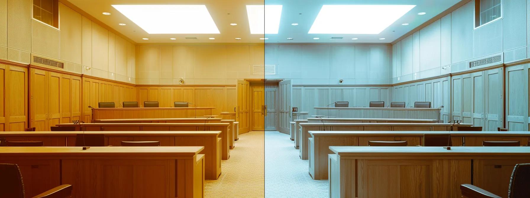 a stark juxtaposition of a formal courtroom setting divided into two halves—one side depicting a juvenile justice board emphasizing rehabilitation through vibrant colors and hopeful expressions, while the other illustrates a sterile, imposing corporate courtroom highlighting the severity of white-collar crime with muted tones and intense scrutiny.