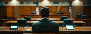 a stark, modern courtroom setting captures a focused defense attorney passionately presenting a case, surrounded by surveillance evidence and digital displays, emphasizing the strategic analysis and advocacy involved in challenging fullerton arrests.