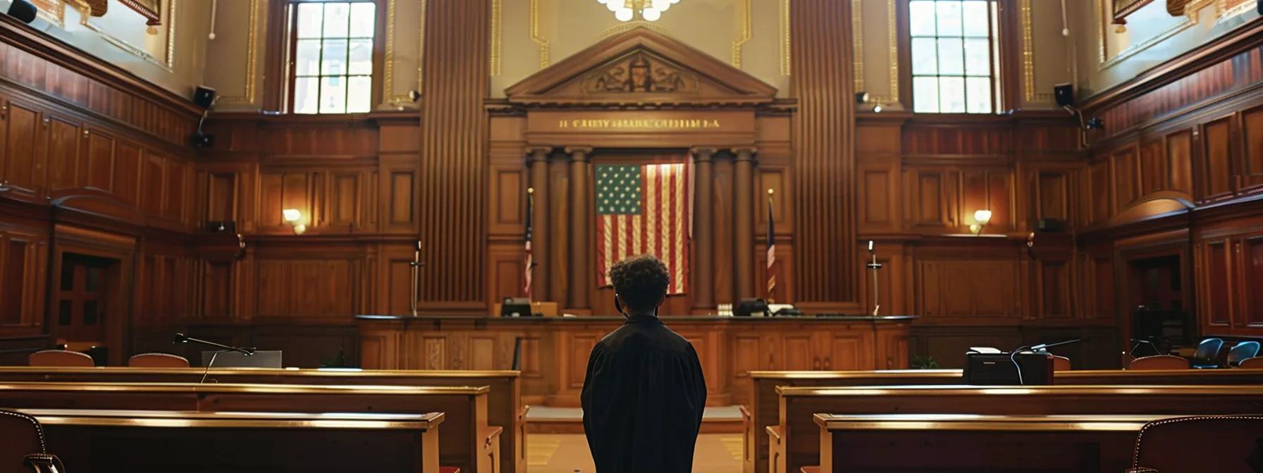 a stark urban courtroom scene captures a somber moment where a young offender stands before a judge, surrounded by solemn decor, emphasizing the gravity of juvenile offenses from minor infractions to serious felony charges.