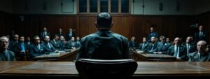 a tense courtroom scene captures a defendant sitting alone at a polished wooden table, surrounded by stern-looking legal professionals, emphasizing the seriousness of probation violations and their potential consequences.