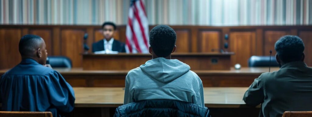 a tense courtroom scene captures a youthful defendant seated at a sleek wooden table, flanked by a professional defense attorney, as they prepare to confront serious juvenile crime charges under stark fluorescent lighting.