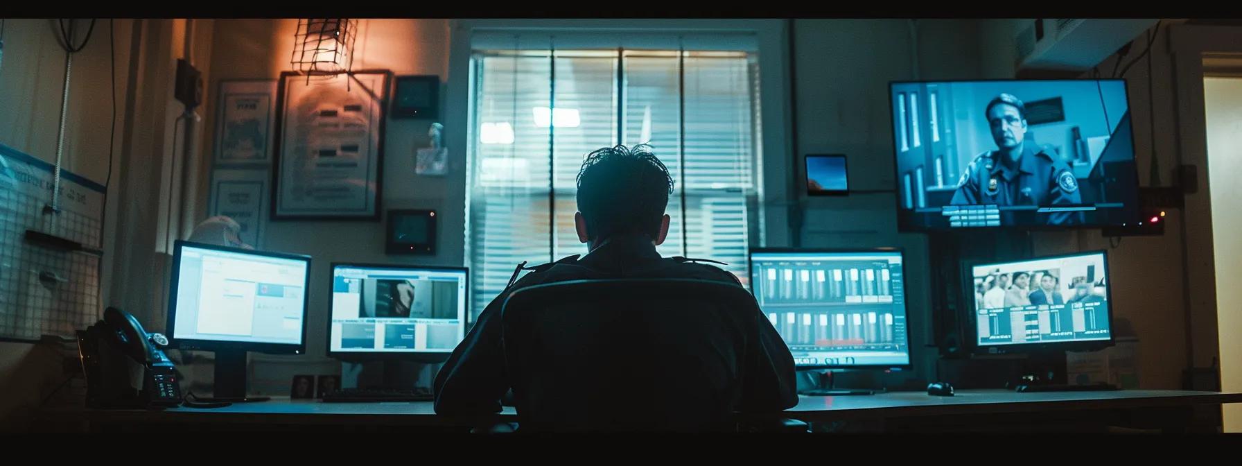 a tense urban scene unfolds in a dimly lit police station, showcasing a focused defense attorney reviewing evidence with sharp concentration, surrounded by monitors displaying dashcam footage and police reports, emphasizing the gravity of resisting arrest charges in fullerton.