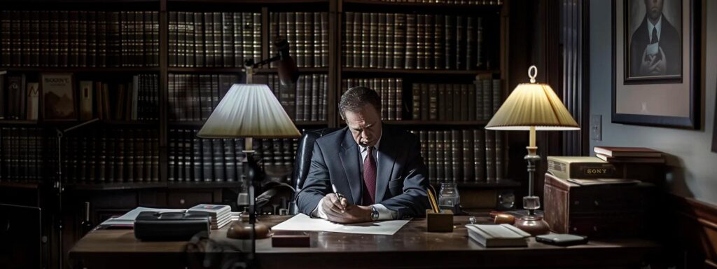 a tense urban scene in a dimly lit law office, featuring a confident attorney strategizing over a cluttered desk filled with case files and legal documents, symbolizing the fight against burglary and theft crimes in fullerton.